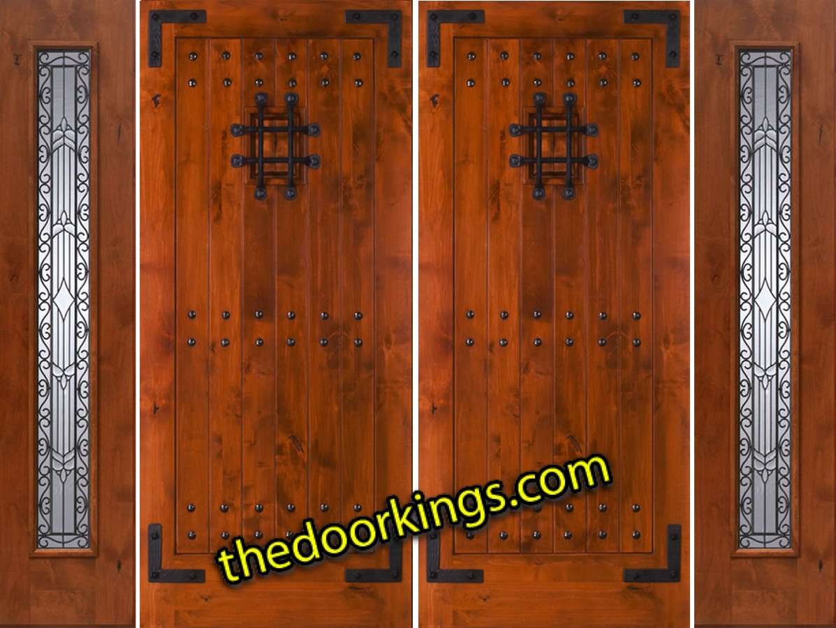 sw70 knotty alder double door with two iron classic sidelites